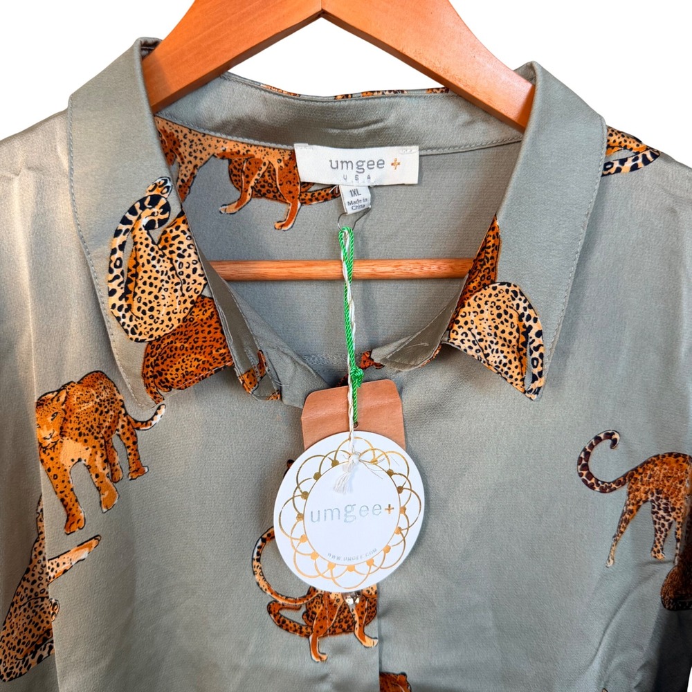 Umgee Plus Leopard Print Shirt Sage Green Satin Blouse 1XL Eclectic Safari Chic - Picture 4 of 11